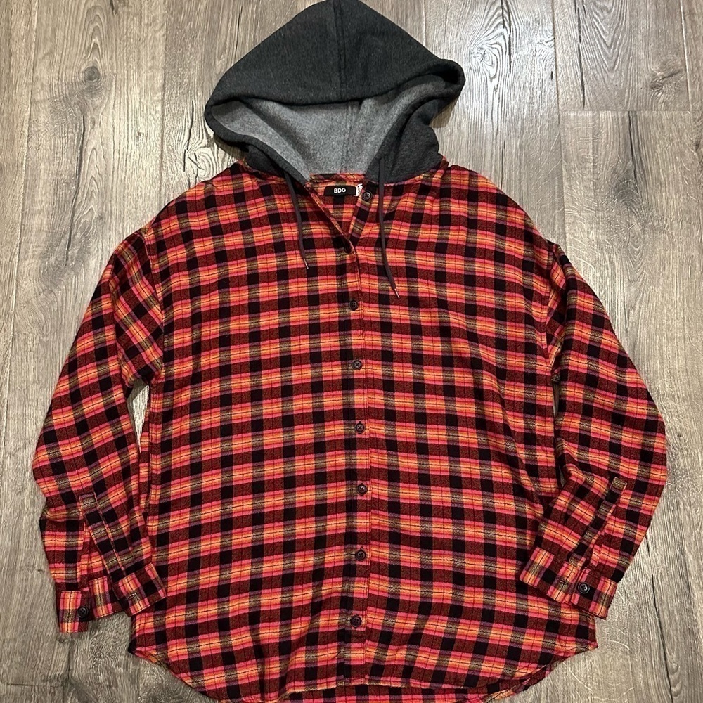 BDG Urban Outfitters Womens Pink Plaid Hooded Soft Flannel Casual Shirt Small